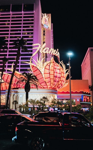 A brightly lit casino with neon lights in vibrant red, pink, and blue, featuring a large flamingo signage. Palm trees are visible in the foreground with vehicles passing by on the street at night.